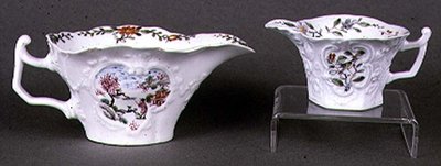 Worcester shaped oval sauce boat and creamer, enamel polychrome decoration, c.1750-55 by English School